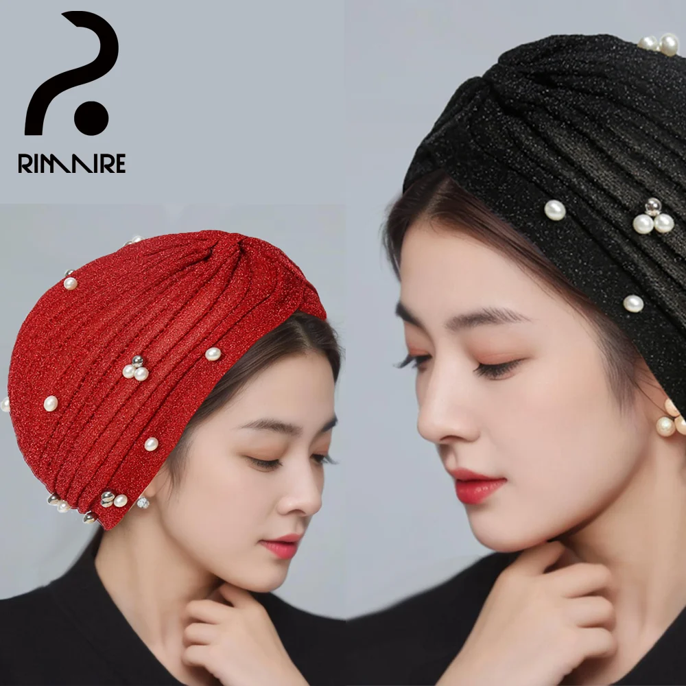 RIMAIRE Fashion and Elastic Polyester Muslim Hijab Pure color Hat Hijab with Pearls and Highlights Decoration Hijab Cap Turban