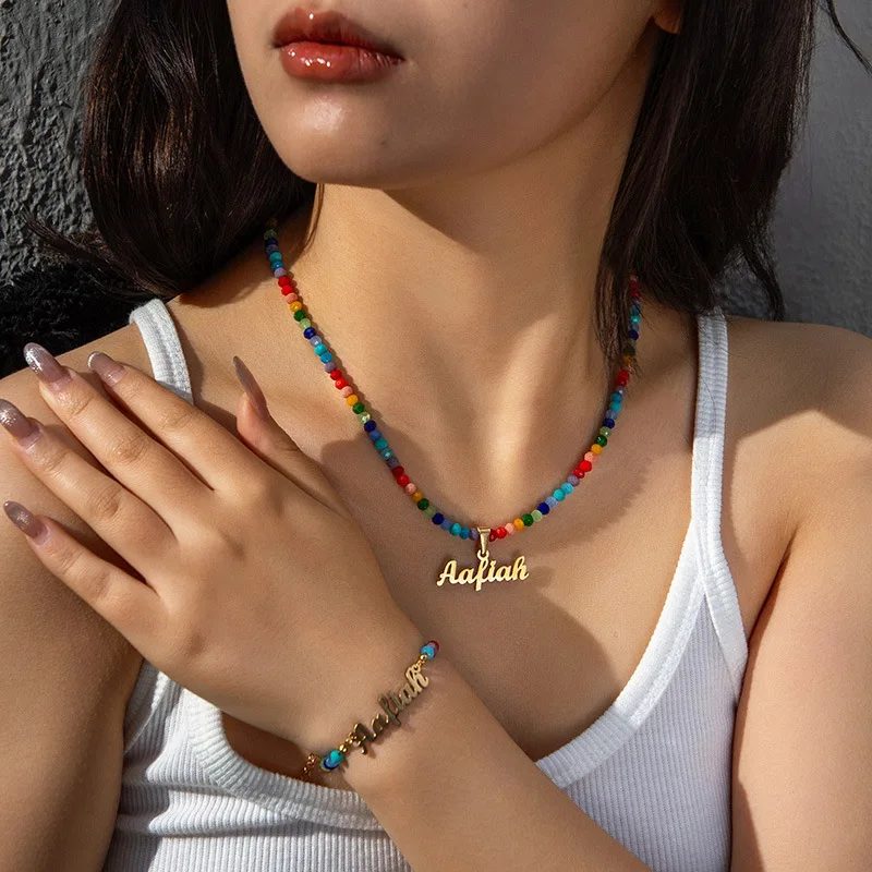

Customized Name Necklace Bracelet Set Personalised Stainless Steel Nameplate Pendant Colorful Bead Chain For Women Jewelry Gifts