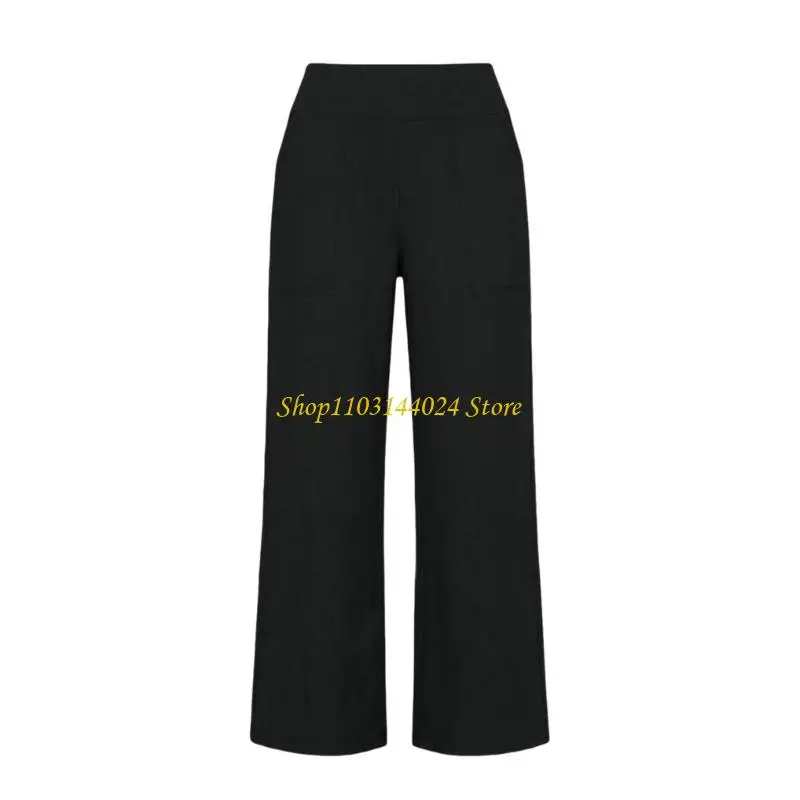 N5KE Linen Pants for Women Wide Leg Capris Pant Casual Elastic Waist Beach Trousers with Pockets