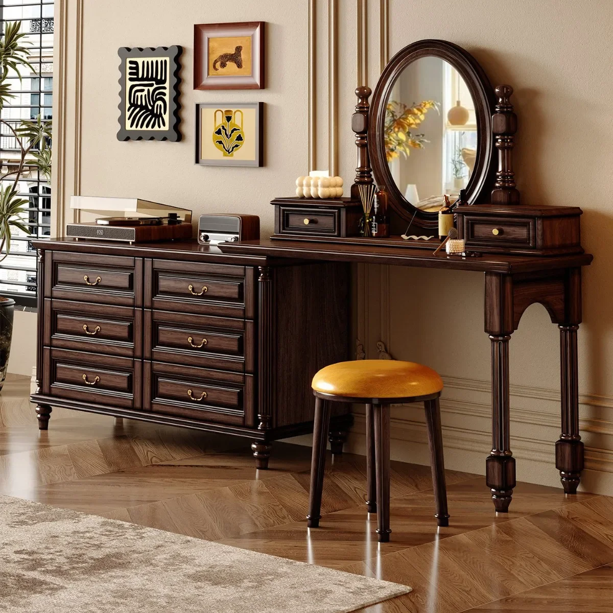 DSA medieval style solid wood dresser chest integrated master bedroom dressing table desk with mirror makeup table
