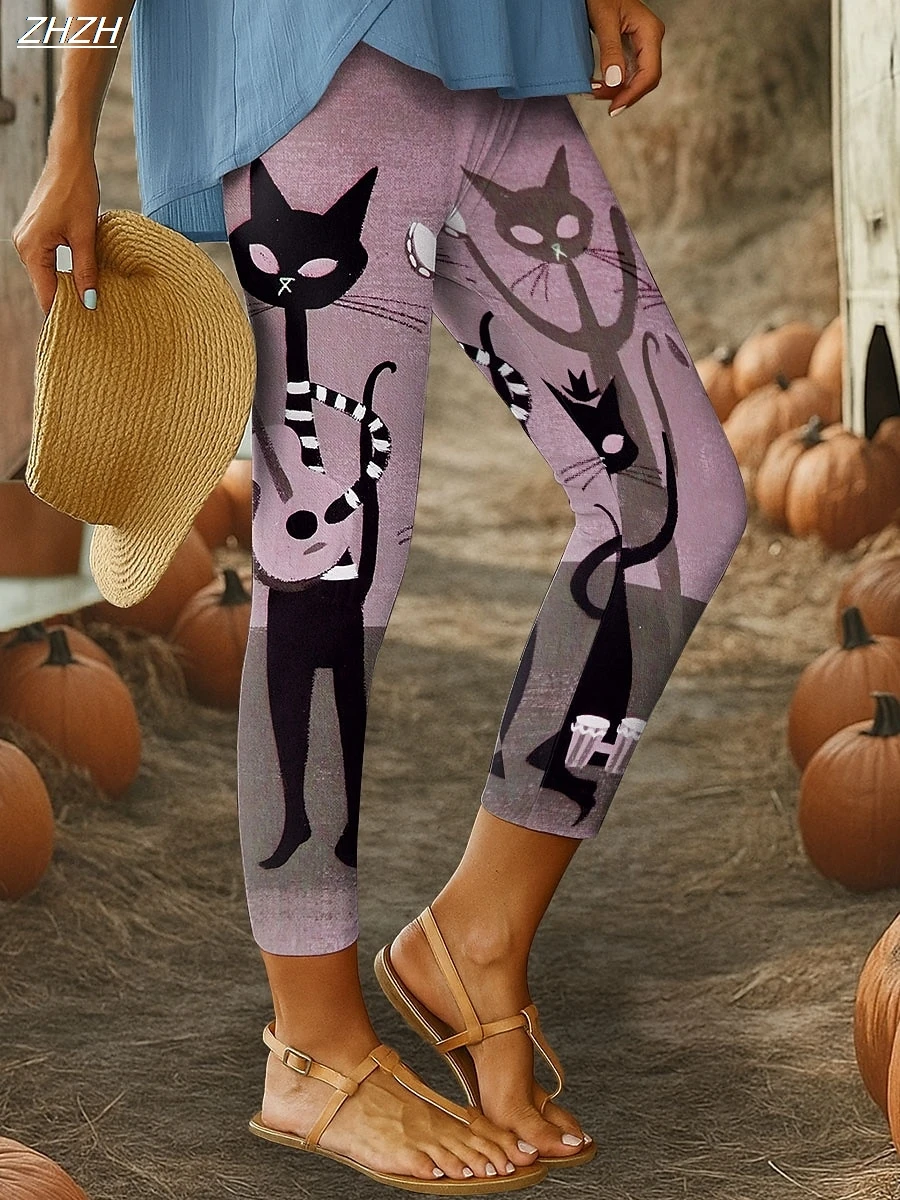 Legginsy damskie z motywem Halloween, grafika zwierzęca, spodnie, poliester, spandex, elastyczne, z elastyczną talią, modelujące sylwetkę, streetwear