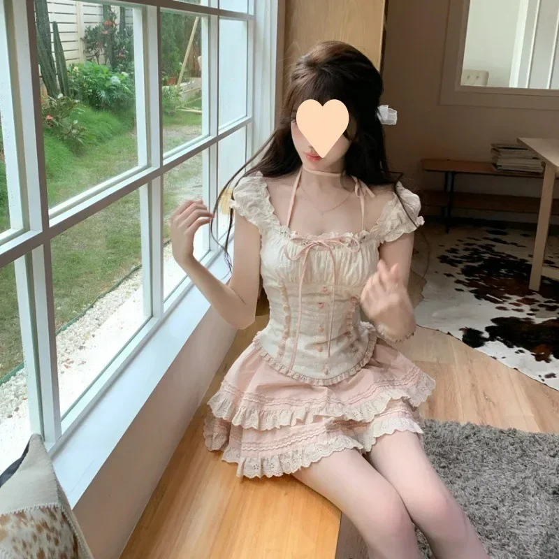 

Japanese 2 Piece Skirt Sets Women Casual Evening Party Clothing Vintage Lolita Suits Dress Female Chic Outwear Sweet