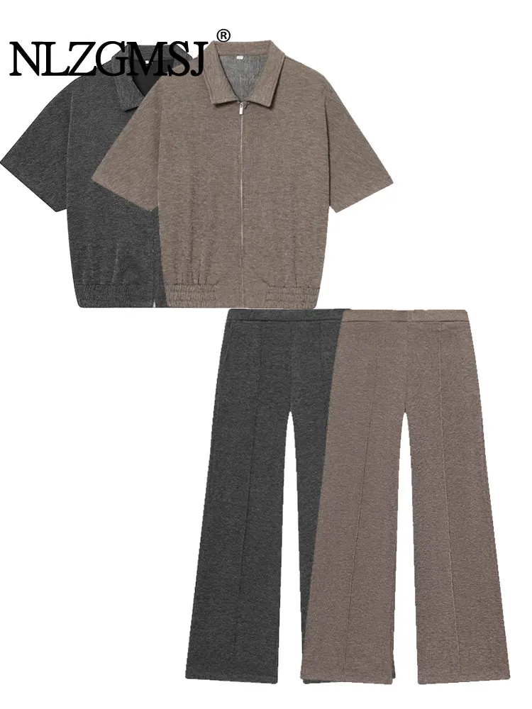 Nlzgmsj-trajes de punto gris para mujer, chaquetas tipo Polo de manga corta con cremallera, pantalones de pierna ancha de cintura alta, conjuntos de moda, otoño