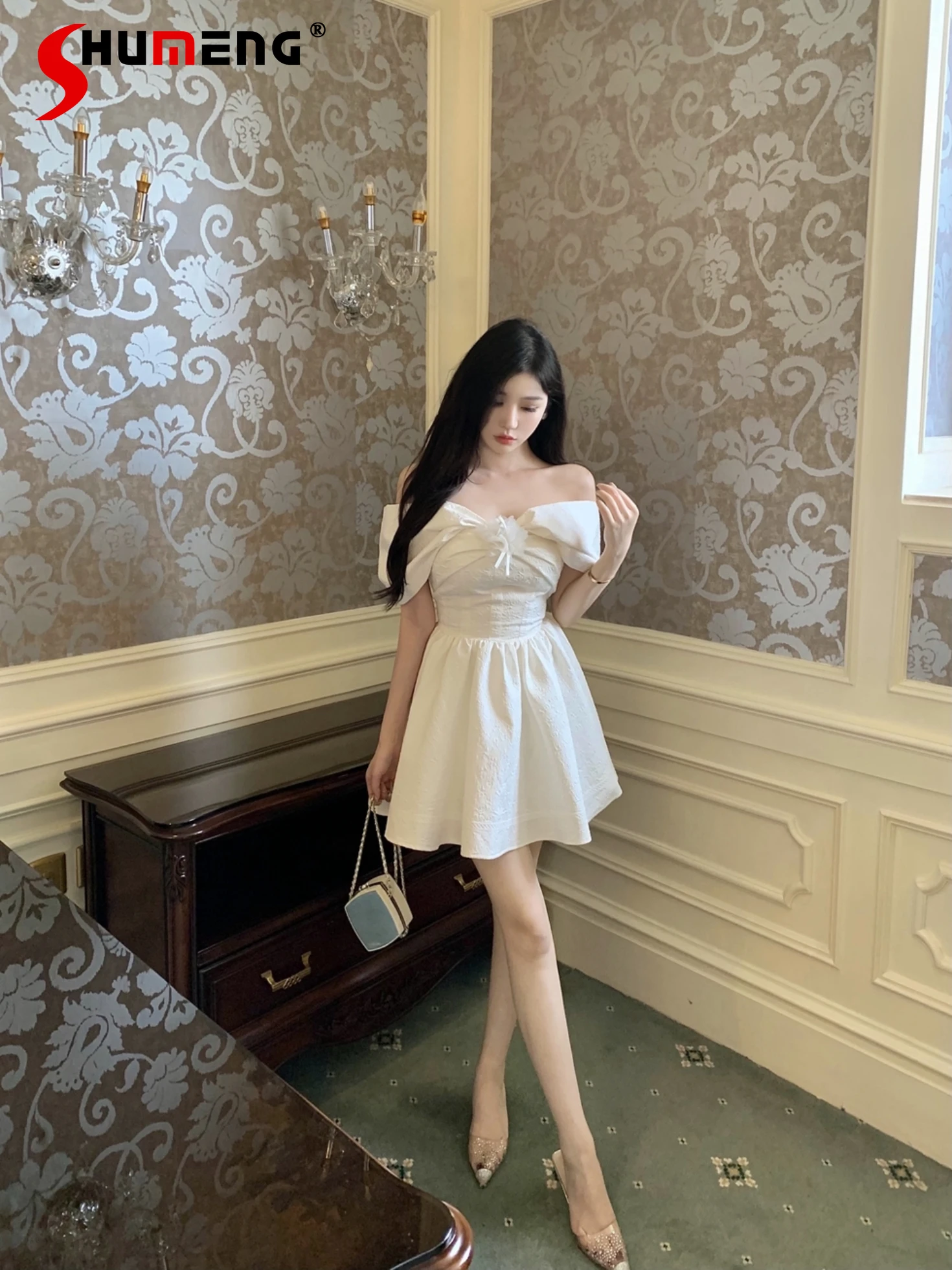 

Feminine Three-Dimensional Flower Tight Waist Solid Color Dresses Women's 2024 Summer A- Line Dress Slimming Nice Dresses