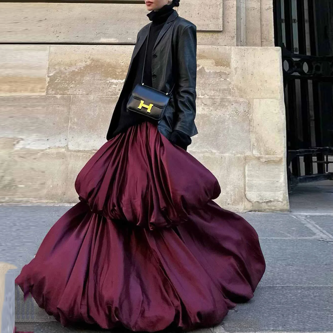

New Couture Eggplant Skirts Draped Puffy Layered Women Skirt Zipper Satin Long Skirt Pleated Custom Made