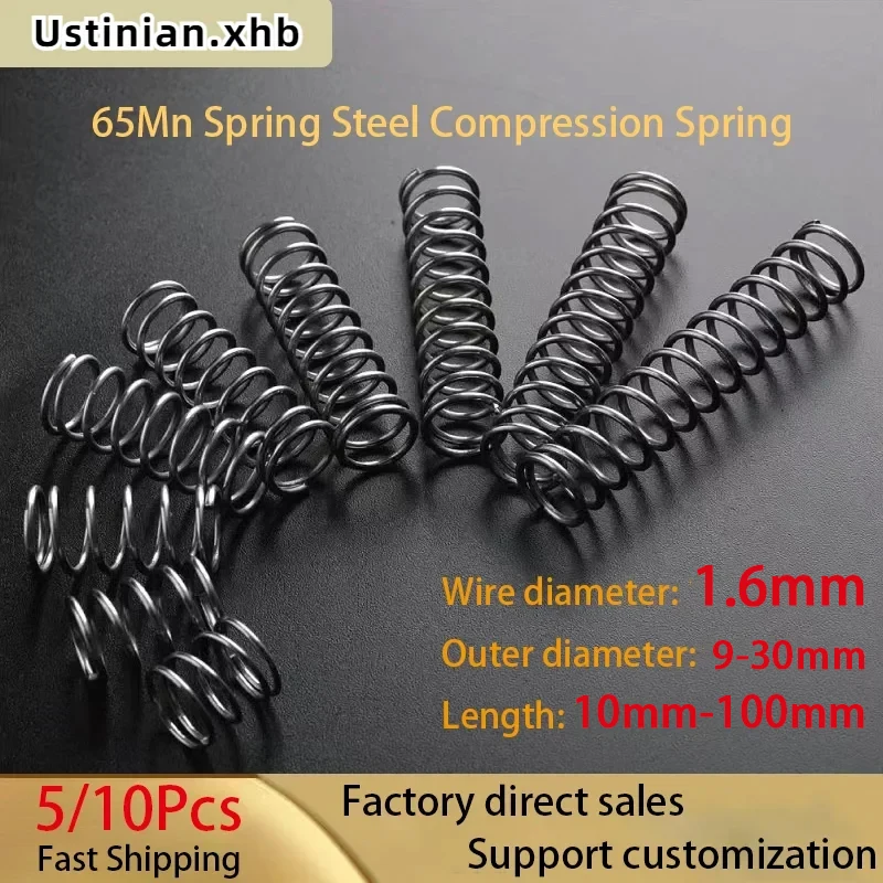 65Mn Spring Steel Return Compression Spring, Wire Diameter: 1.6mm, Diameter: 9-30mm, Length: 10-100mm, 5Pcs/10Pcs