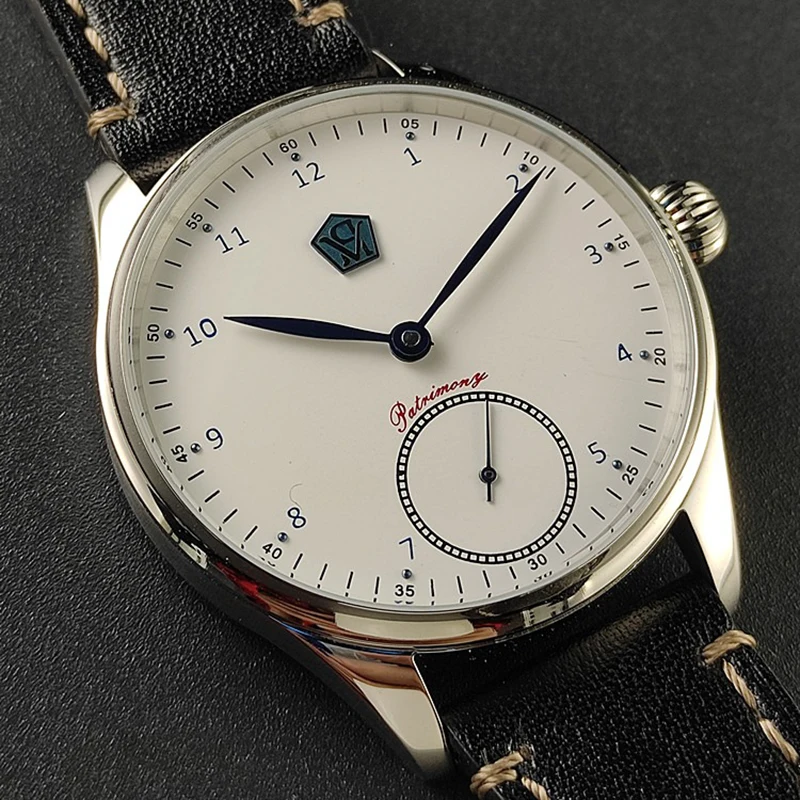 Men Manual Mechanical Watch Blued Hands Small Seconds Genuine Leather Strap Stainless Steel Case Water Resistant 40.5mm  Dial