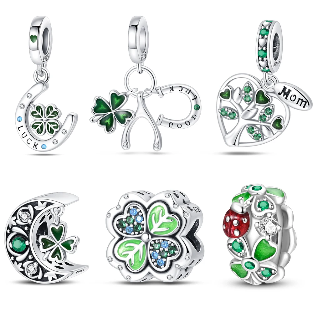 Romantische 925 Sterling Zilveren Maan Kralen Groene Clip Lucky Klavertje Vier Dangle Charm Past Merk Armband & Bangle Meisje Gift