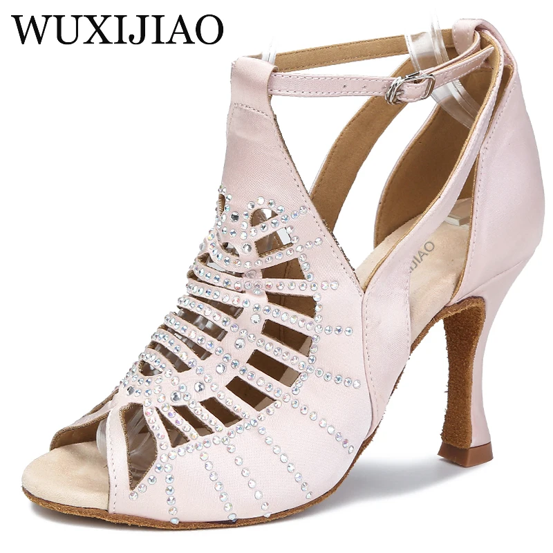 WUXIJIAO New dance shoes ballroom latin dance shoes women with rhinestones salsa tango shoes blue women\'s wedding shoes