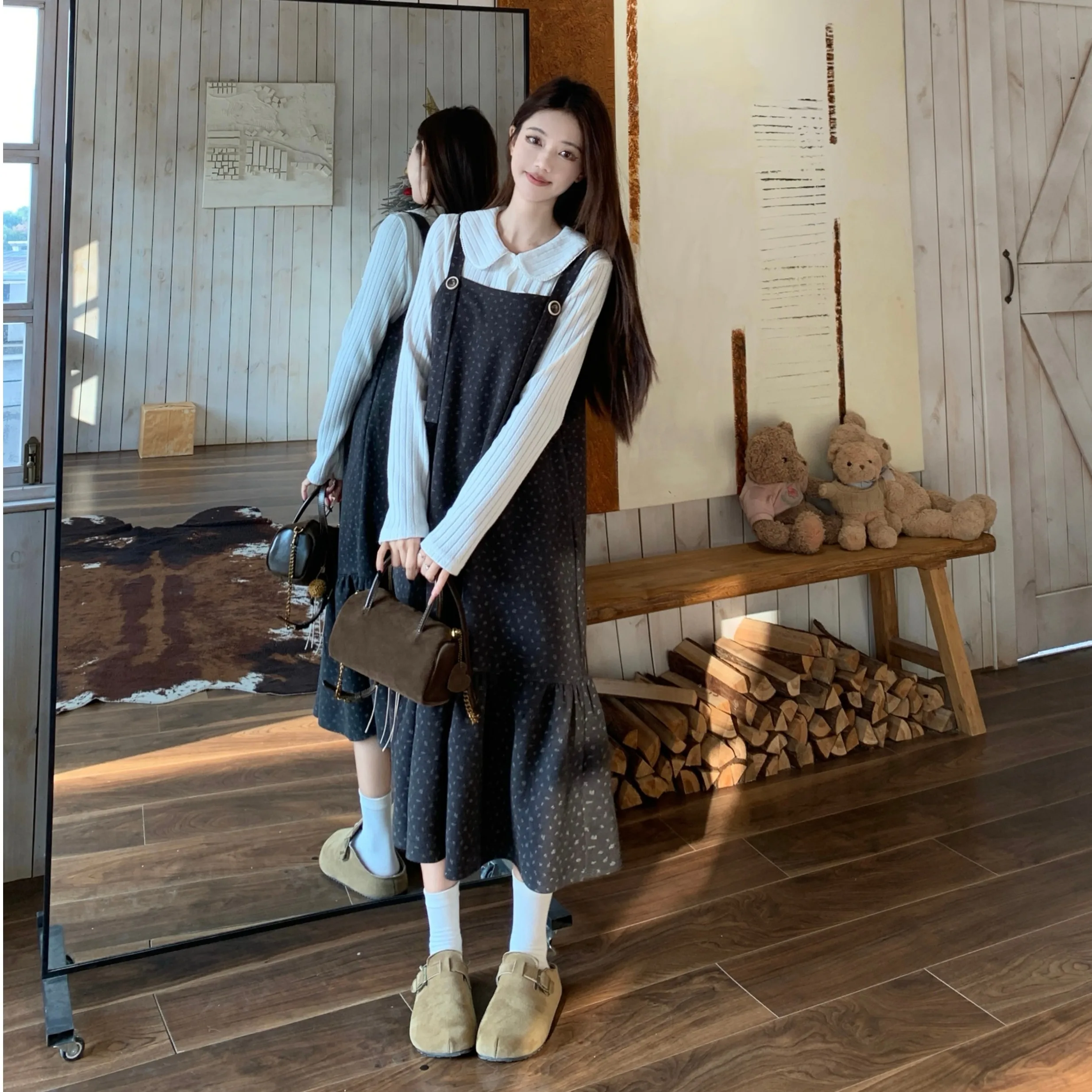 

ay Milk Color Strap Dr Set Spring Large Size College Sle Super Beautiful Base irt Strap Long Dr Two Piece Set
