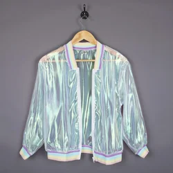 Women Iridescent Laser Transparent Coat Jacket Holographic Coat Rainbow Baseball Windbreaker Coats Woman Clothing