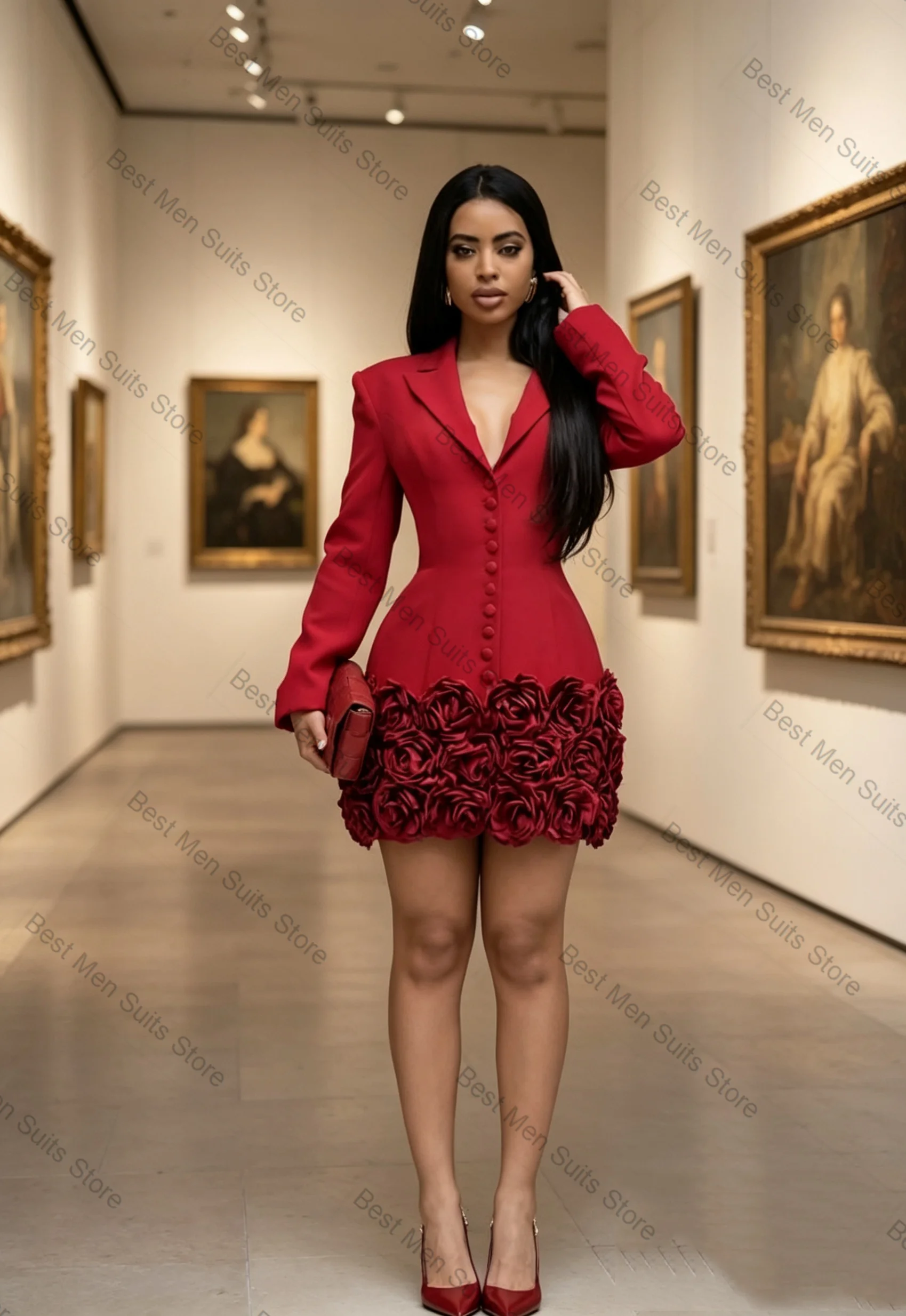 

Red Women Suit Skirt 1 Pcs Long Blazer 3D Flower Prom Dress Formal Office Lady Jacket Customized Wedding Tuxedo Guest Coat