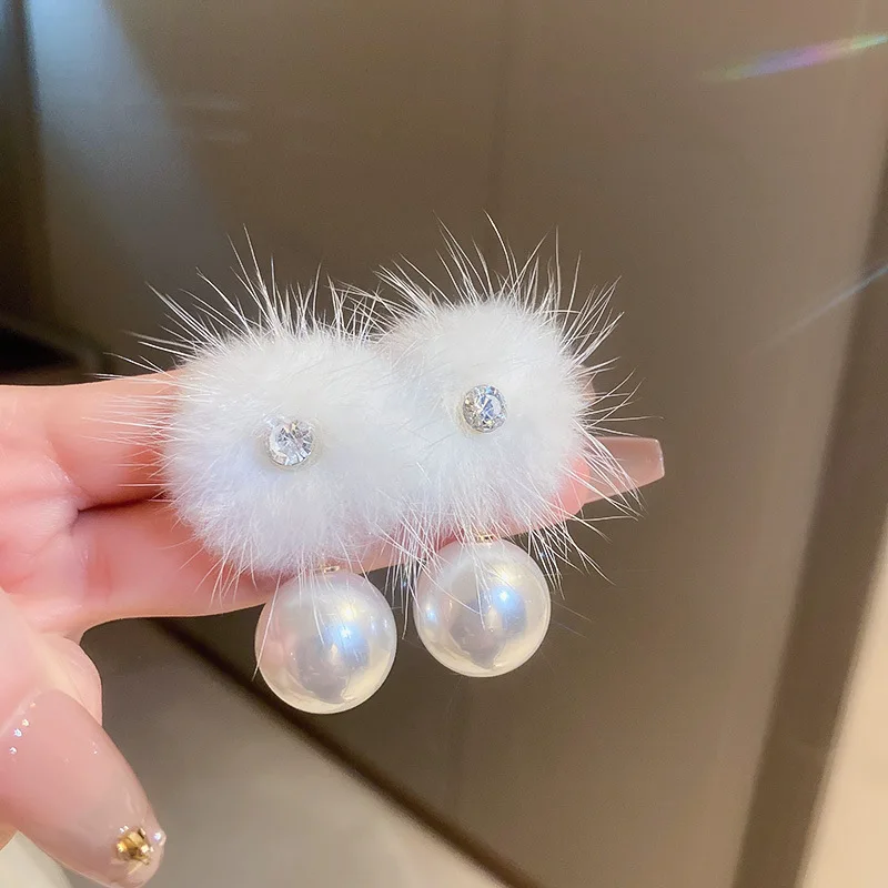 Big Pearl Hairy Fluff Earring Drop Earrings for Girls Cute Japanese Students Autumn Winter Plush Ball Ear Drops Jewelry Earrings