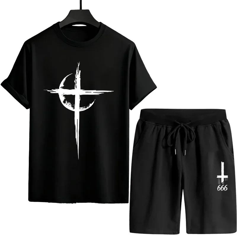 

Летний мужской спортивный костюм для активного отдыха: футболка с коротким рукавом и шорты на шнурке, универсальный, качественный, повседневный