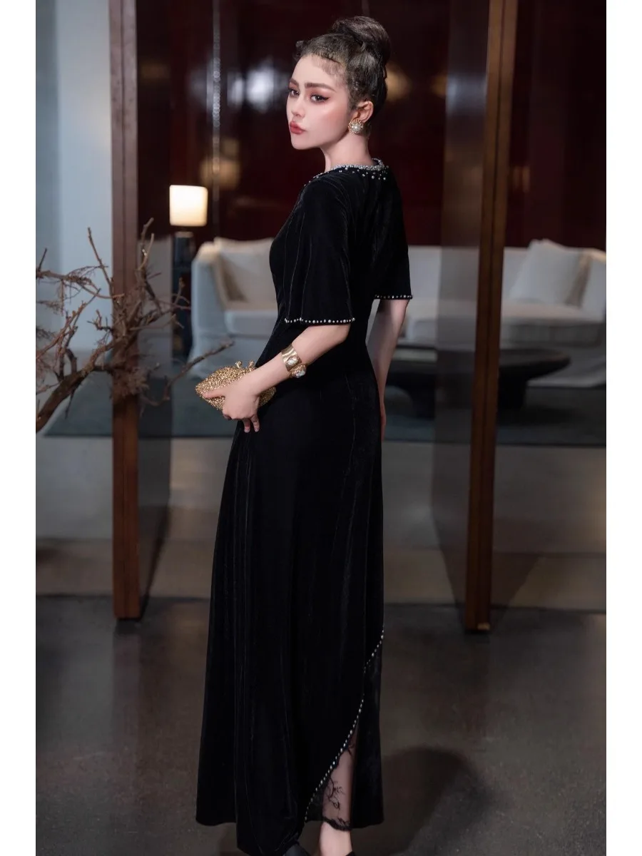 TWOTWINSTYLE Solid Spliced Diamonds Dresses for Women O Neck Short Sleeve High Waist Split Temperament Dress Female