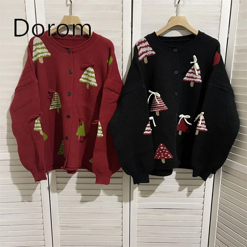 Vintage Print Christmas Tree Knitted Cardigan Women Winter Japanese Retro O-Neck Long Sleeve Sweaters Coat Casual Grunge Jumper