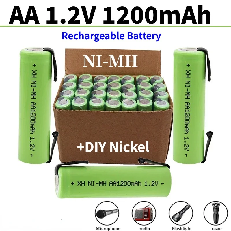 100% Original 1.2V AA Battery 1.2V Rechargeable Battery, 1200mah, AA NiMH, with Solder Pins, DIY Electric Toothbrush Shaver