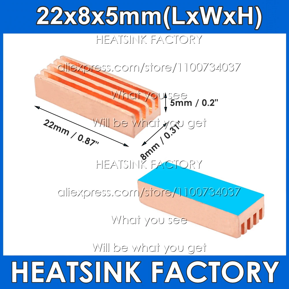 

Copper Heatsinks 22x8x5mm Radiator Cooling With Thermal Pad For MOS Ram PC Raspberry Pi Processor RAM Memory Cooler