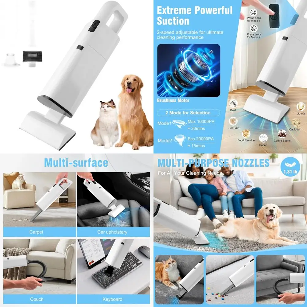 

Powerful 20000Pa Cordless Hand Vacuum, 2-Speed, HEPA Filter, 4 Attachments for Cars, Pets, Stairs, and Furniture