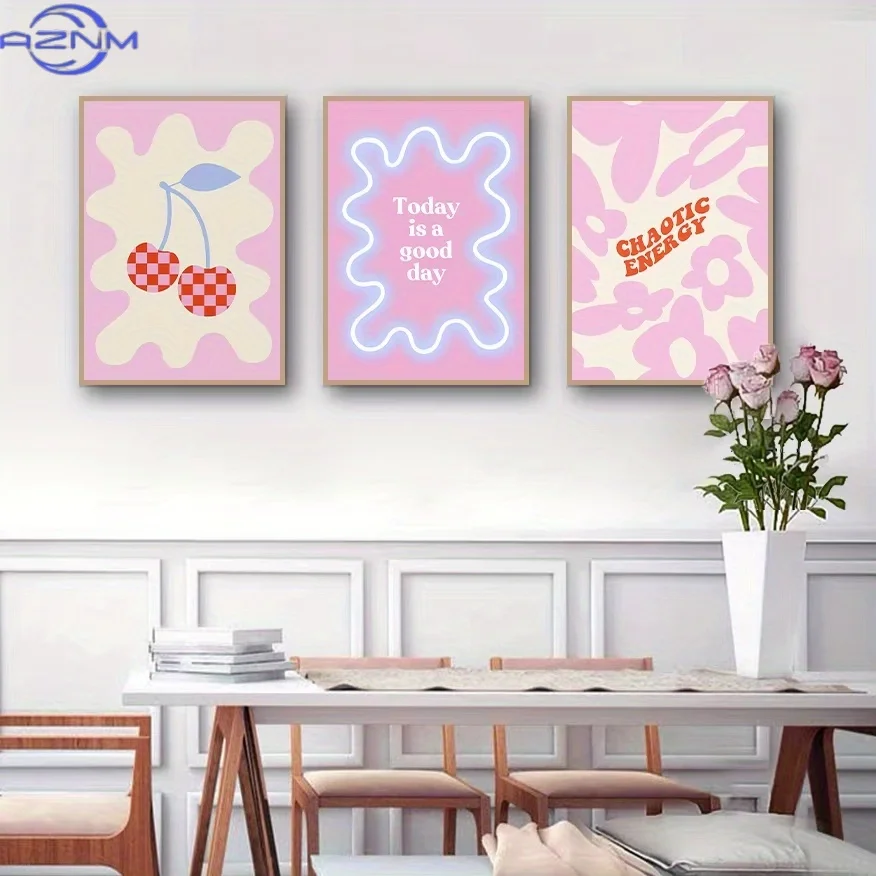3pcs Pink Cherry Quotes Wall Art - Nordic Anime Suitable for Style Frameless Canvas Posters, Spring Motivational Paintings for R