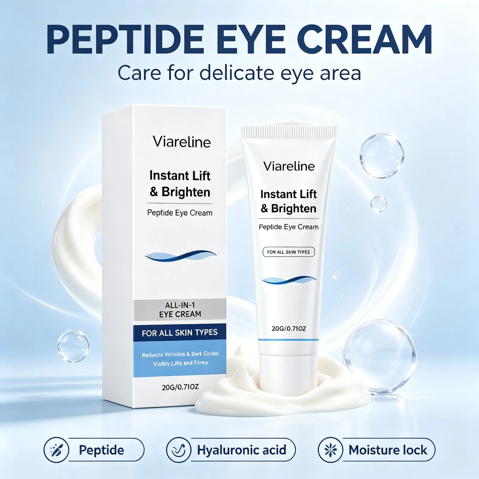 Viareline Peptide Eye Cream Instant Lift Brighten Firming Hydrating Reduce Fine Lines Wrinkles Appearance Delicate Skin Care 20g
