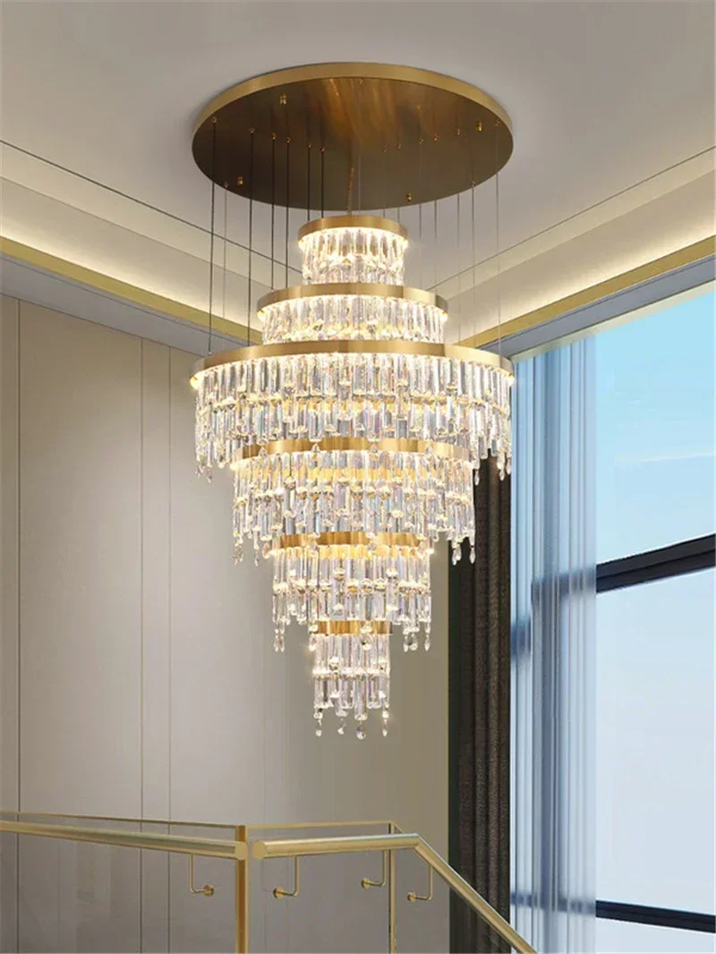 Modern Crystal Chandelier For Staircase Living Room Led Luxury Home Decor Light Creative Design Lamp Gold Round Cristal