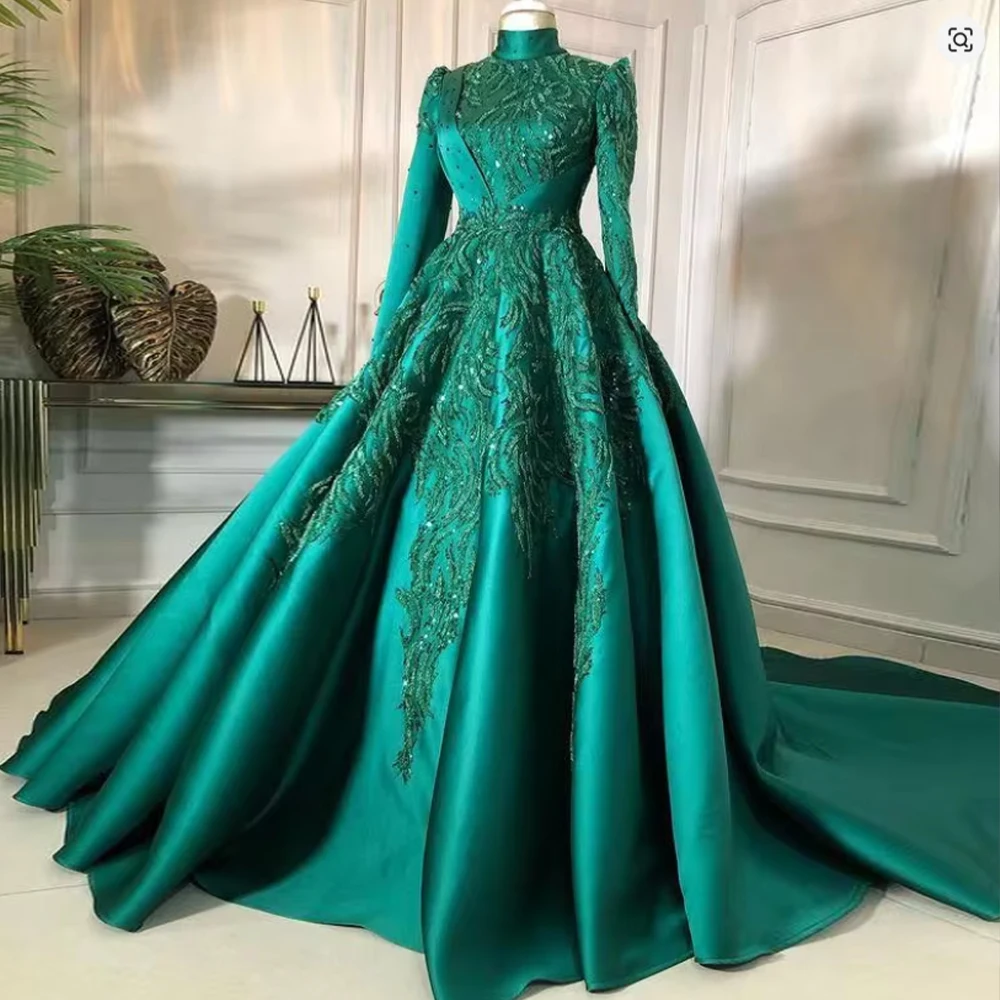 

Modest Wedding Dresses High Neck Long Sleeve Green Brides Dress A Line Appliques Muslim Bridal Gown Customized robe de mariée