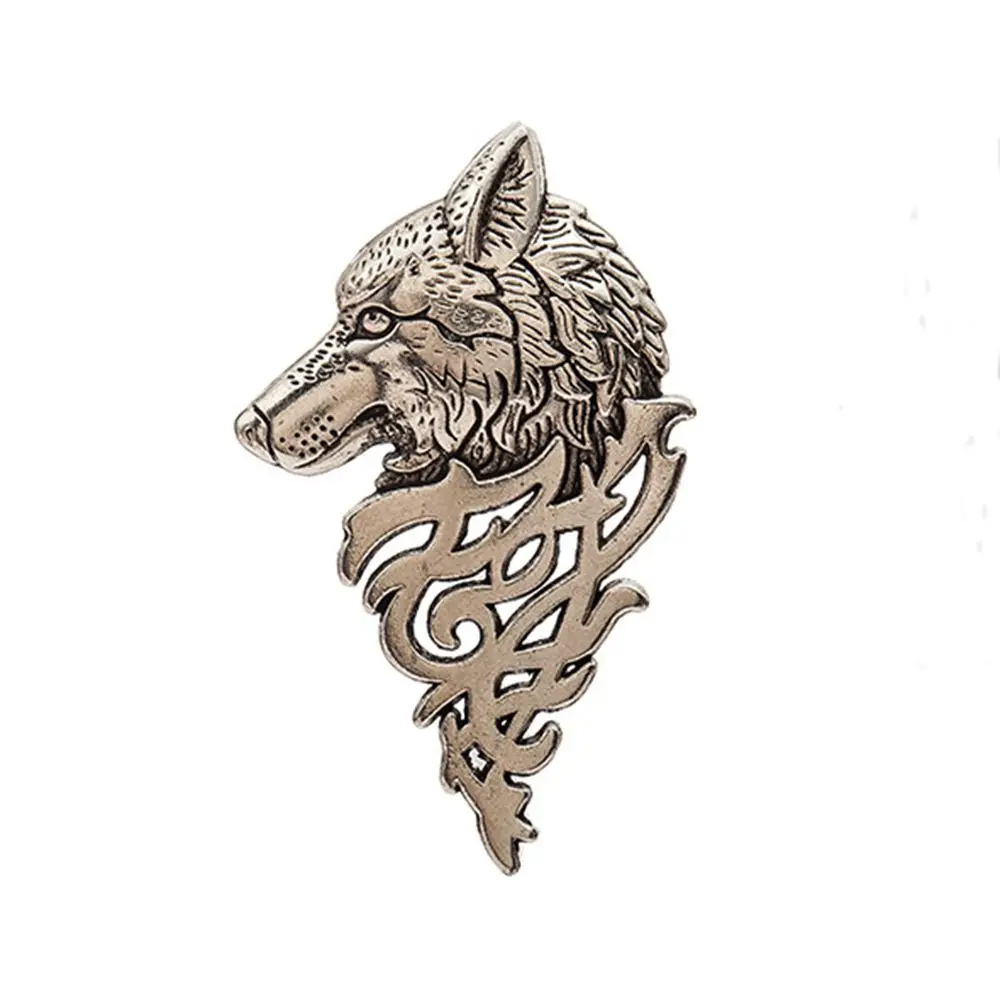 Retro Goth Lovely Shirt Accessory Viking Suit Accessory Bronze Stick Wolf Head Brooch Lapel Pin Badge