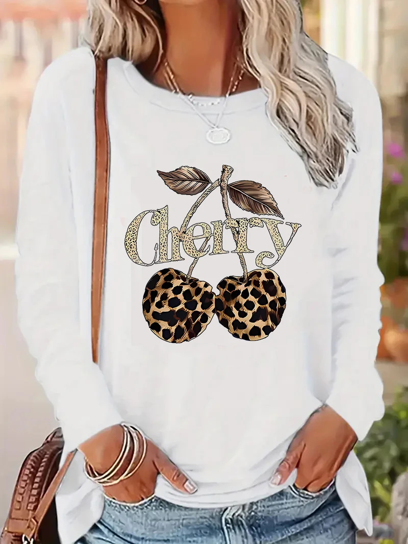 Streetwear Leopard Cherry Printed Long Sleeve Shirt Funny T Shirt Women's  Print T-Shirt Crew Neck Top Tee Tshirt Casual