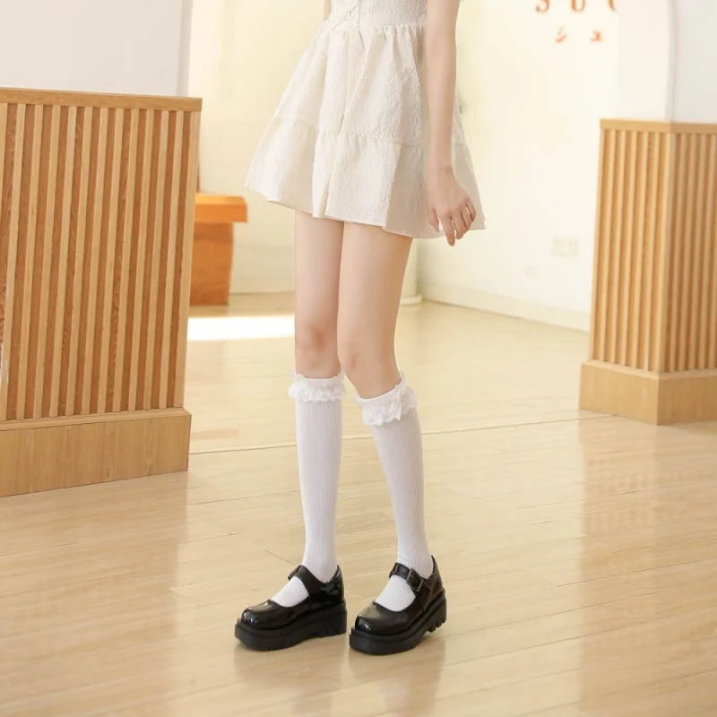 White Lace Lolita Calf Socks JK Socks Female Mid-Calf and Long Length Lace Japanese White Cotton Socks Half Leg Lolita