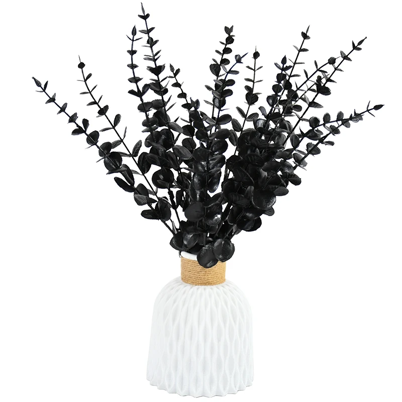 10/20Pcs Black Artificial Eucalyptus Branch Stems Faux Halloween Flowers Real Touch Leaves Plant Centerpiece Home Decoration