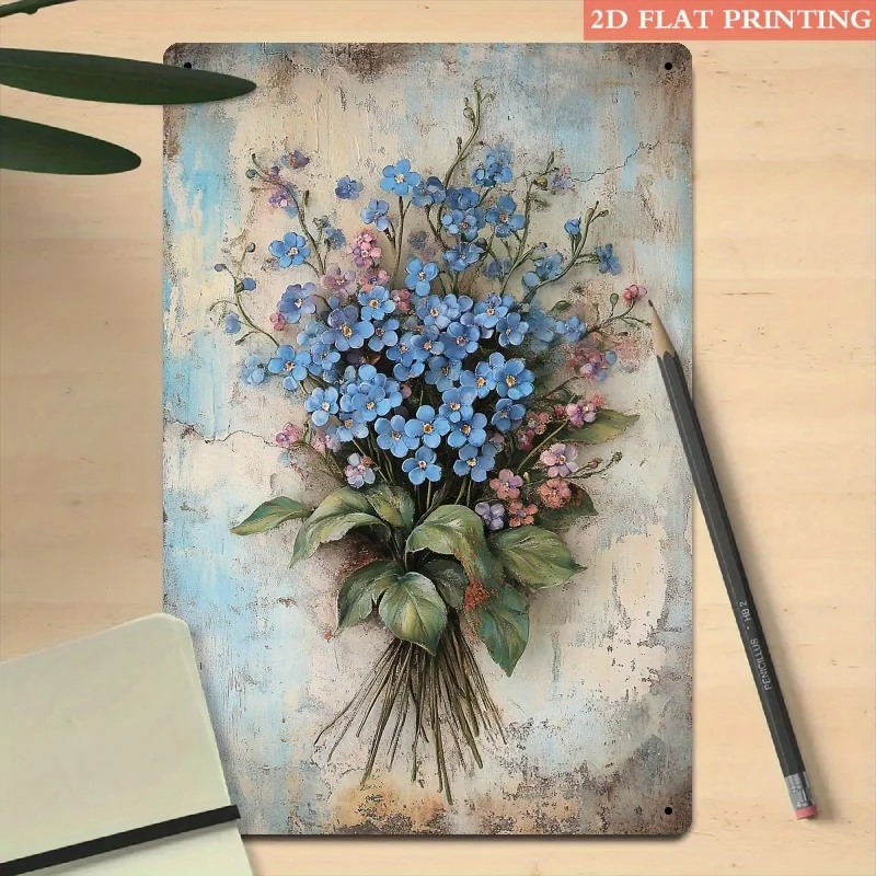 2026--Vintage Forget Me Not Flower Metal Wall Art–Rustic Blue Floral Tin Sign for Bedroom Living Room or Cafe Decor, 8x12 In Pla