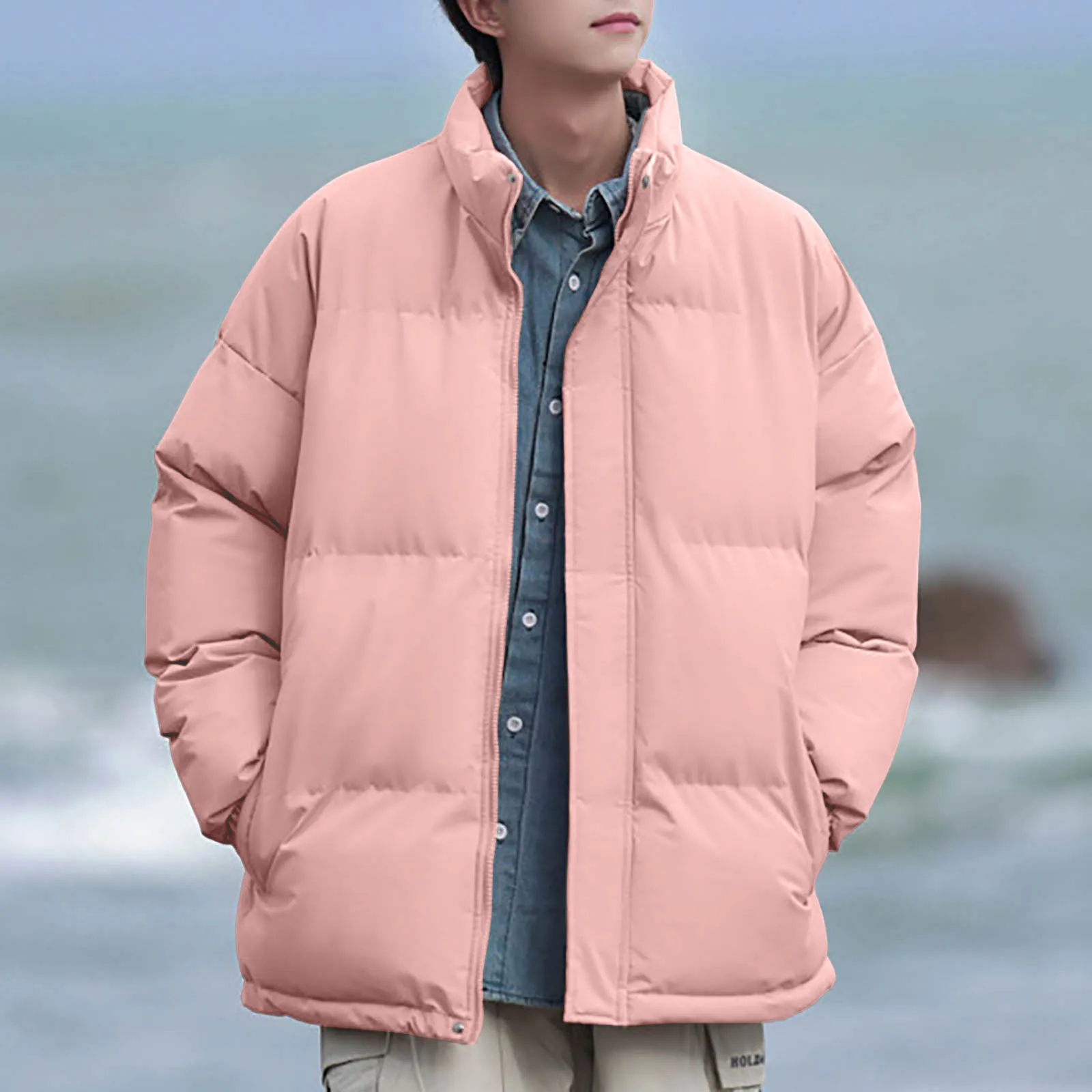 Men's Winter Solid Color Stand Up Collar Zip Up Padded Jacket Men'S Loose Oversized Warm Fashion Bread Coat With Pocket