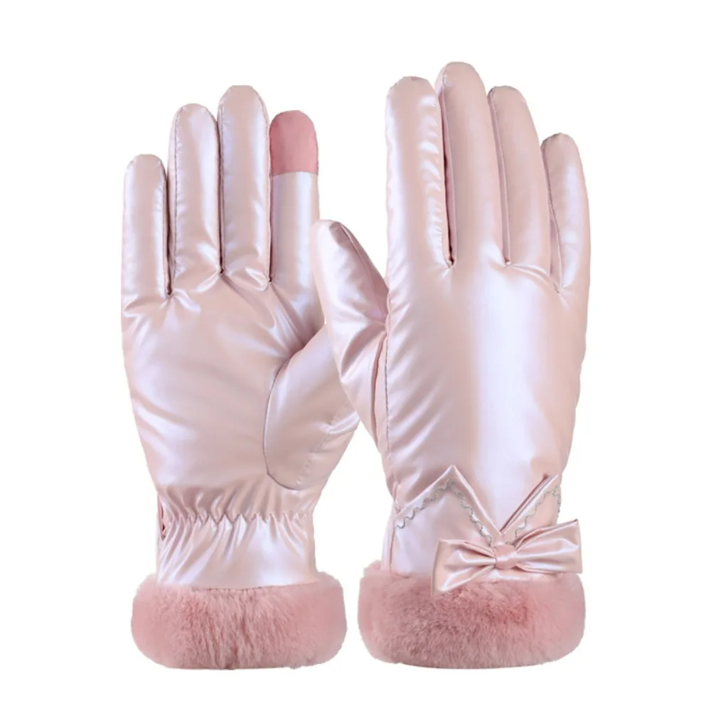 Fashion Plush Women's Bowknot Gloves Keep Warm Touch Screen Warm Gloves Thicken Shiny Ski Mittens Cycling image 2