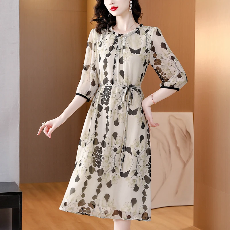 Vestido Midi de Seda Blanco con Estampado Floral para Verano, Estilo Boho, Casual, Ligero, Elegante y de Lujo para Primavera 2026, Vestidos para Festivales