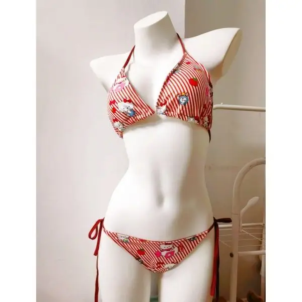 Cute Hello Kitty Striped 3 Piece Bikini Set Women Kawaii Halter Triangle Swim Top Side Tie Bikini Bottom Matching Mini Skirt