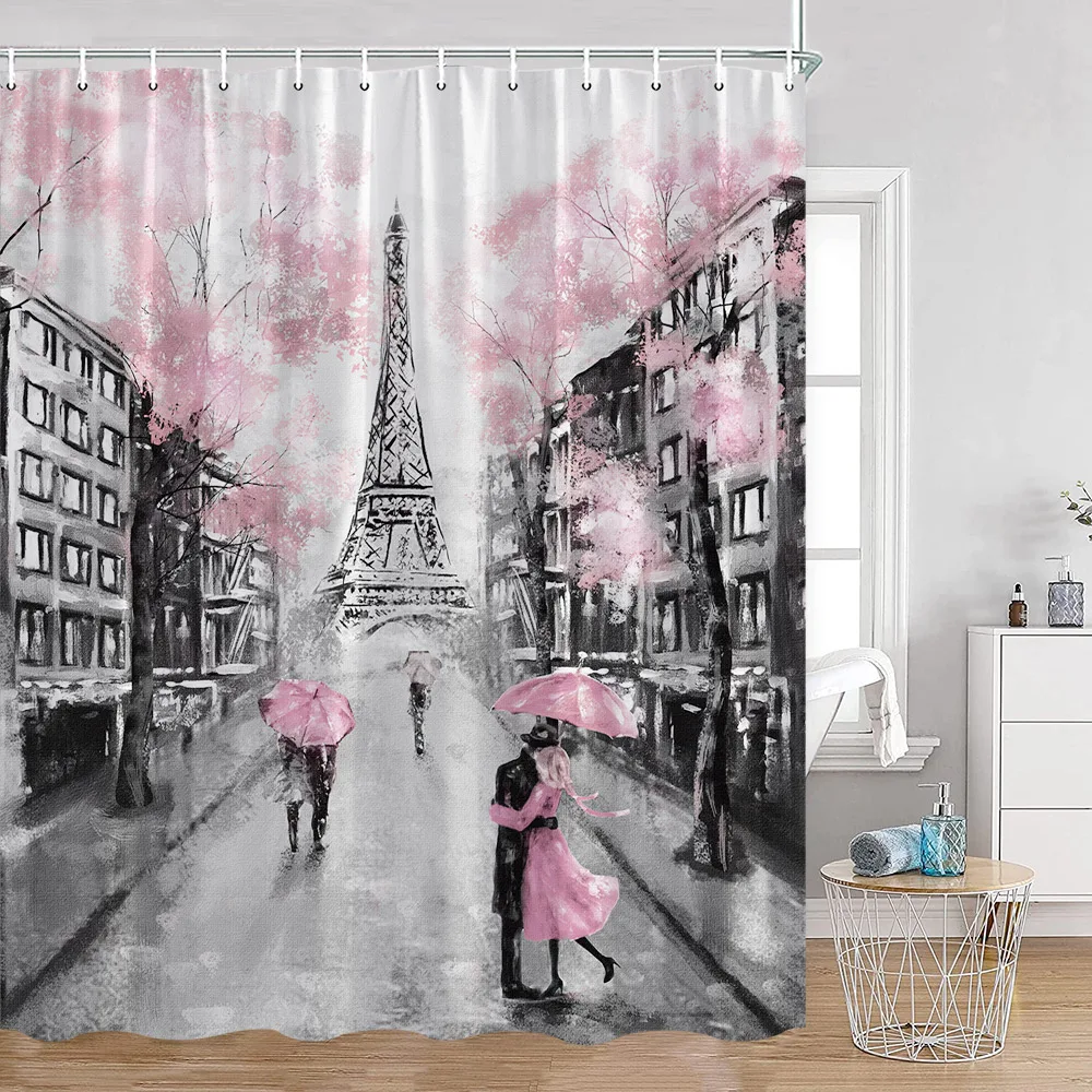 Vintage Paris Tower Shower Curtains Pink Floral Fashion Black and White Stripe High Heel Perfume Bathroom Curtain Bathtub Decor