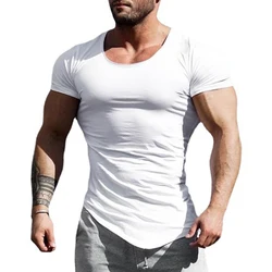 Summer Large Round Neck Cotton Short Sleeve T-shirt Mens Irregular Hem Slim Fit T Shirt Gym Clothing Bodybuilding Fitness Tshirt