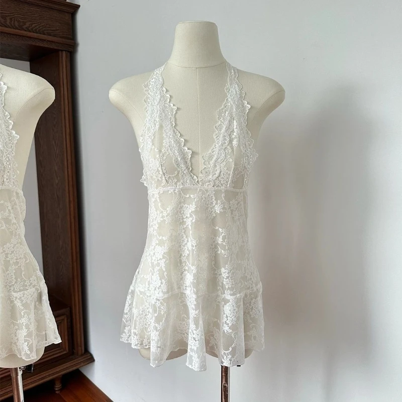 

Deeptown Sexy Lace Tanks Women Sweet See Through Mesh Halter Tops Elegant Korean Style Fairycore Sleeveless Camis Aesthetics