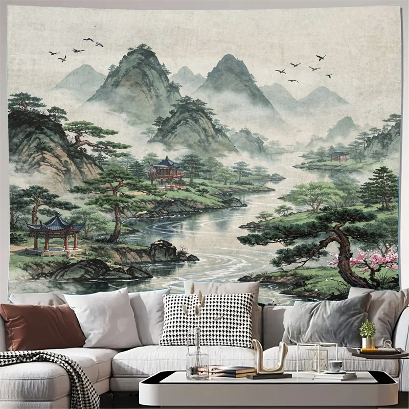 Chinese Landscape Tapestry Wall Hanging Oriental Mountain River Art Decor Mural Print Scroll Background Decorative Home Wall Dec