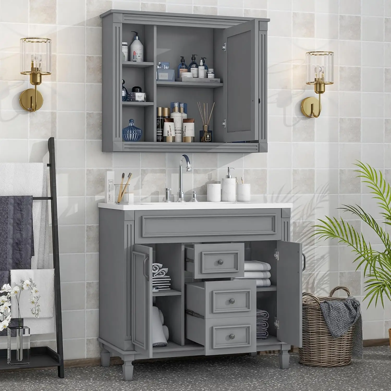 Mobile da bagno da 36 ''con mobiletto a specchio grigio reale, mobiletto da bagno moderno con lavabo superiore, 2 ante a chiusura ammortizzata e 2 Dra