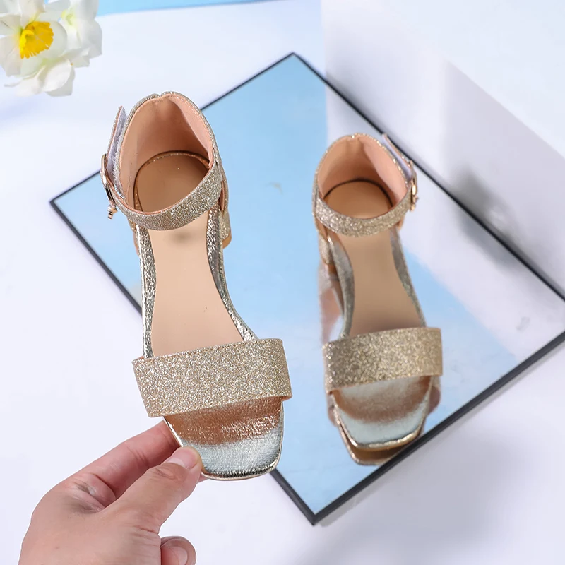 Summer New Children's Sandals Fashion Girls' High Heels Silver Sequins Open Toed Girls' Princess Sandals Girl Shoes 27-37