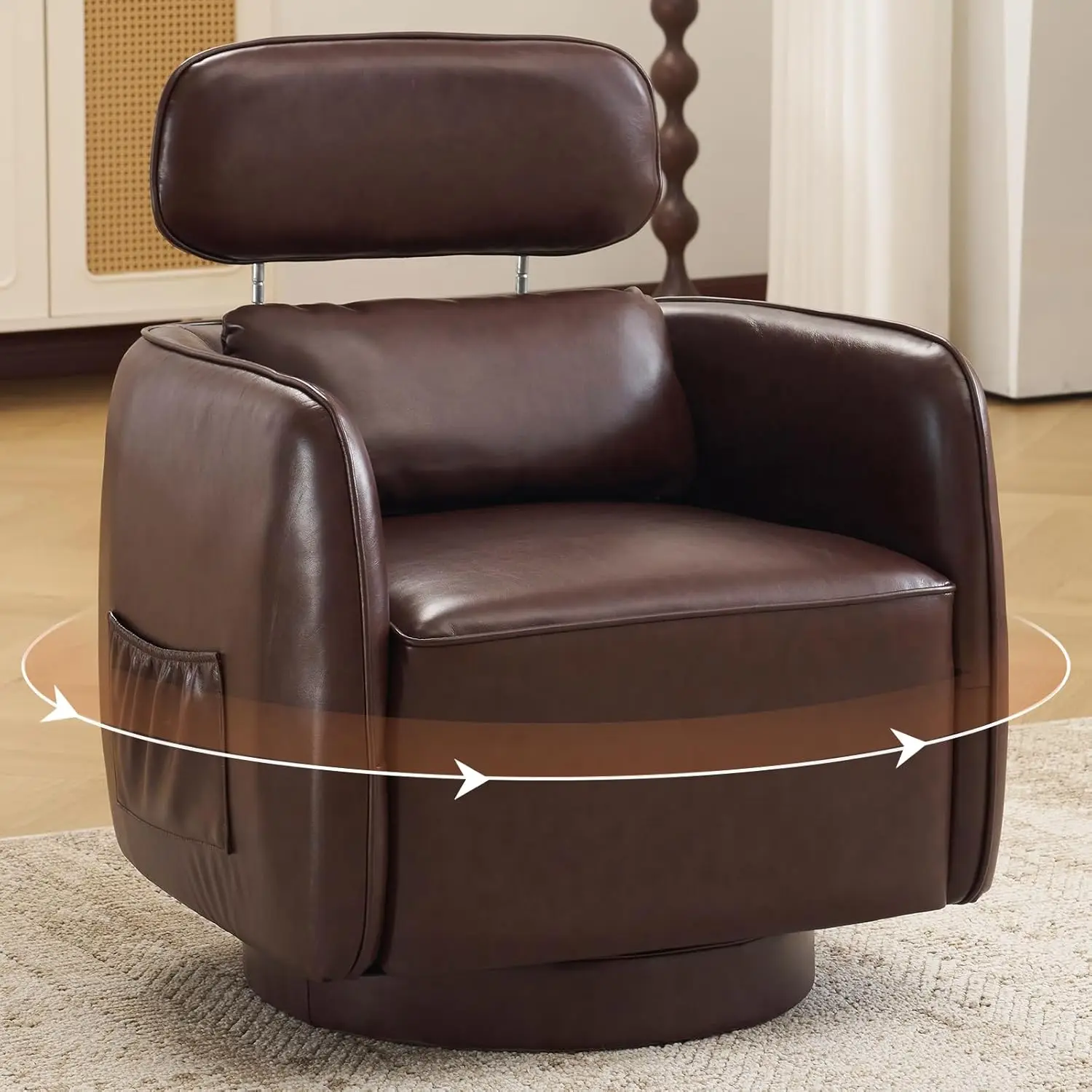 

Swivel Accent Chair Leather Round Barrel Upholstered Adjustable Headrest Living Room Bedroom Single Sofa, Customized