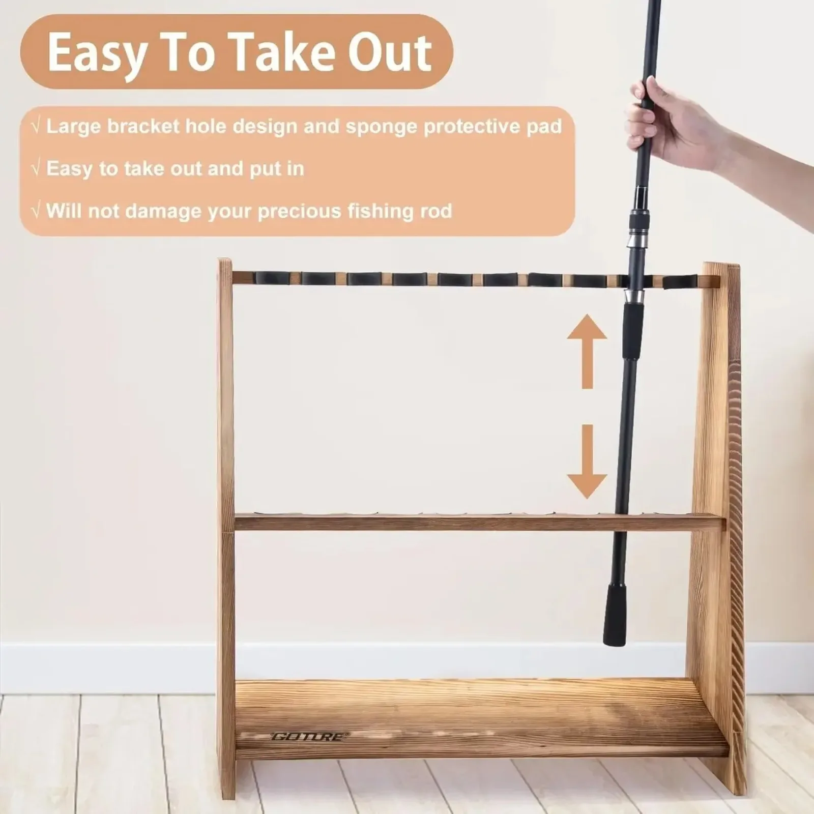 Goture Carbonized Pine Wood Fishing Rod Rack 10 Slots Floor Rod Holder Easy Assemble Removable for Display Organizer All Rods view 4