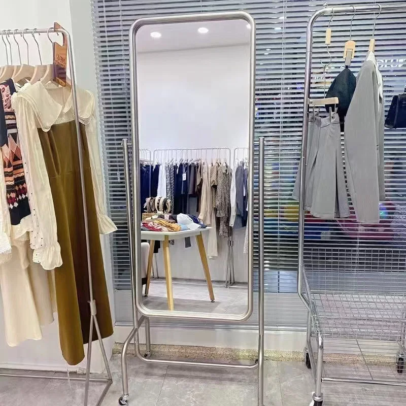 Stainless steel full-length mirror clothing store mirror fitting mirror movable