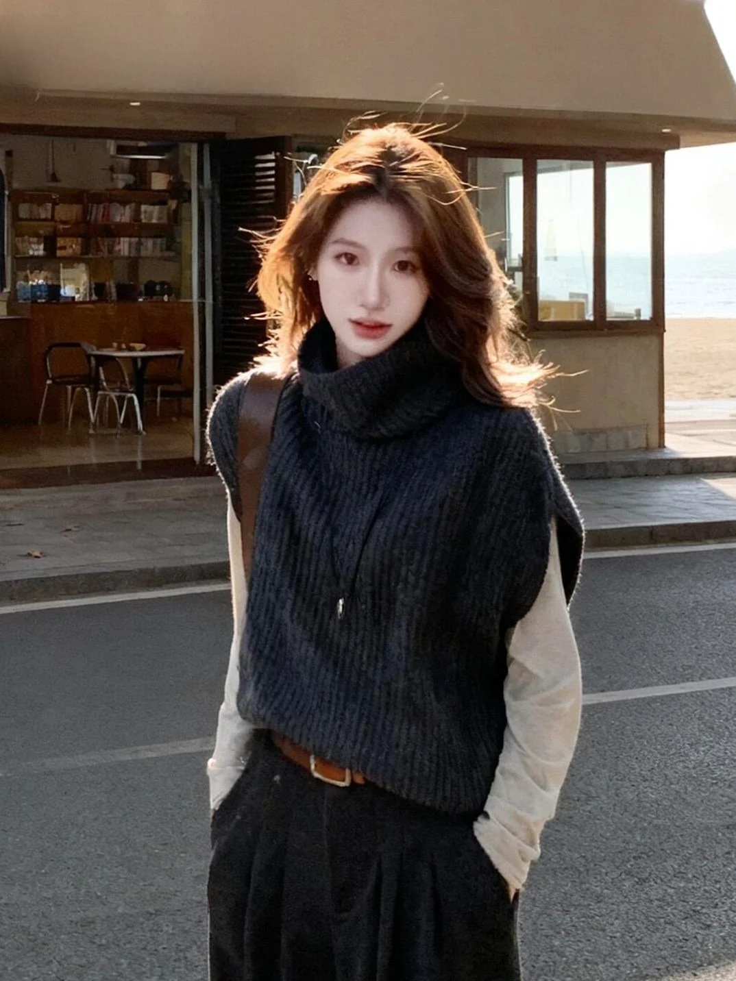 

Вязаный жилет с высоким воротником Deep ey для женщин, весенне-осенняя верхняя одежда, уникальный красивый дизайн с подплечниками, теплый, свободного кроя, модный