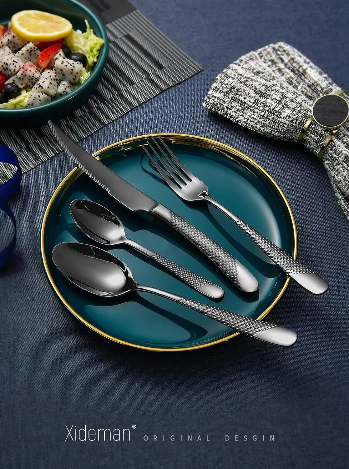 

16-PieceBlack Hammered Silverware with Ultra Sharp 2-IN-1 Serrated Knives, 18/10 Stainless Steel Flatware Set,