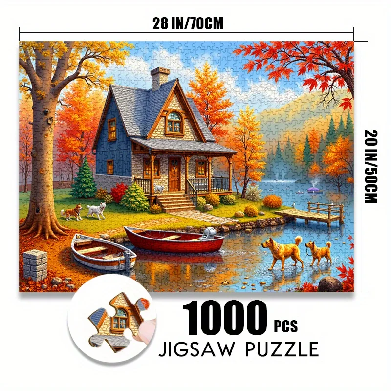 [가을 호수 직소 퍼즐] 500/1000피스 직소 퍼즐 - 개와 호수가 있는 가을 호숫가 오두막 장면, 긁힘 방지 프리미엄 판지, A