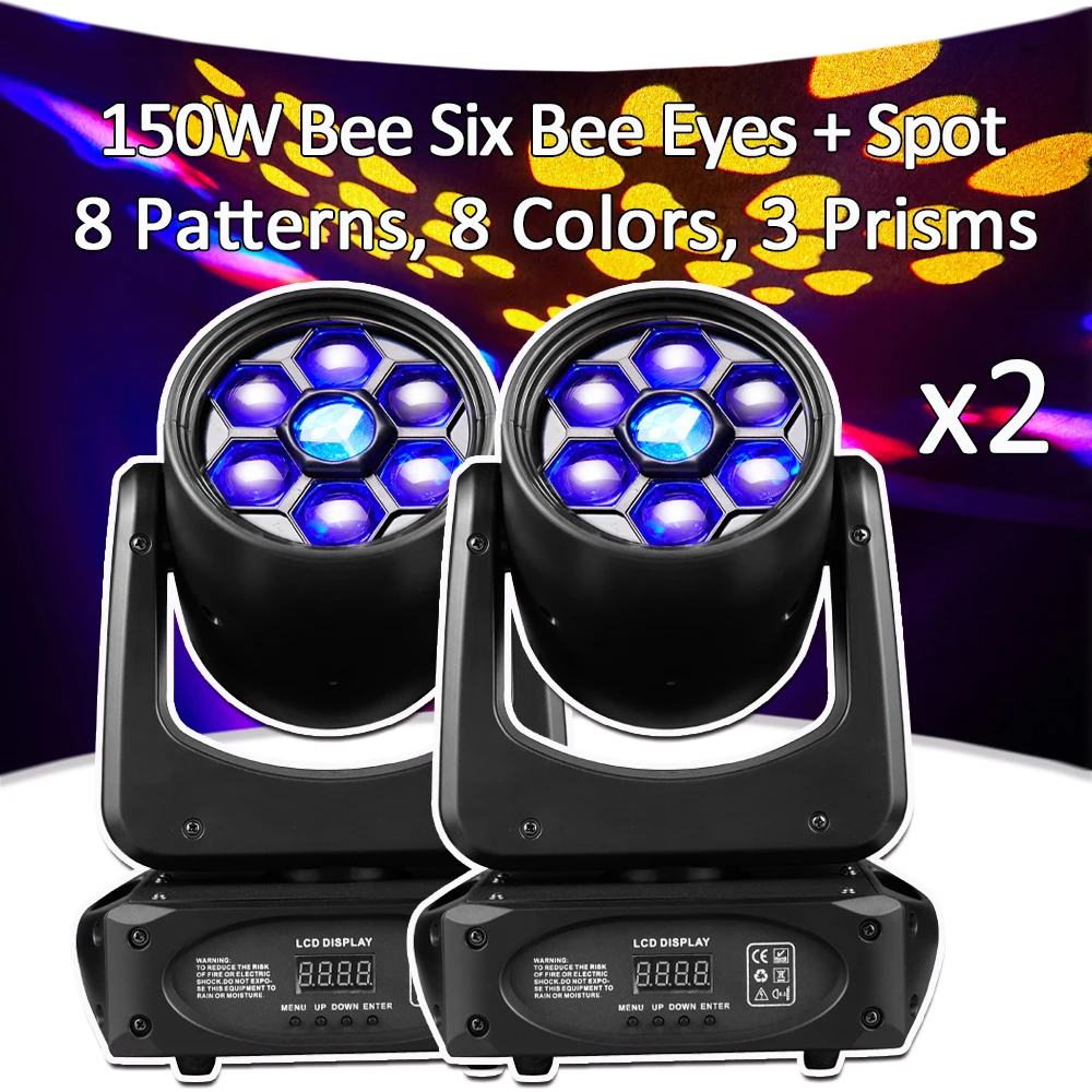 2Pcs 150W Bee Eyes Beam Spot Pattern Gobo Moving Head Light 3 Prisms & 8 Colors strobe Effect DJ Club Stage lighting