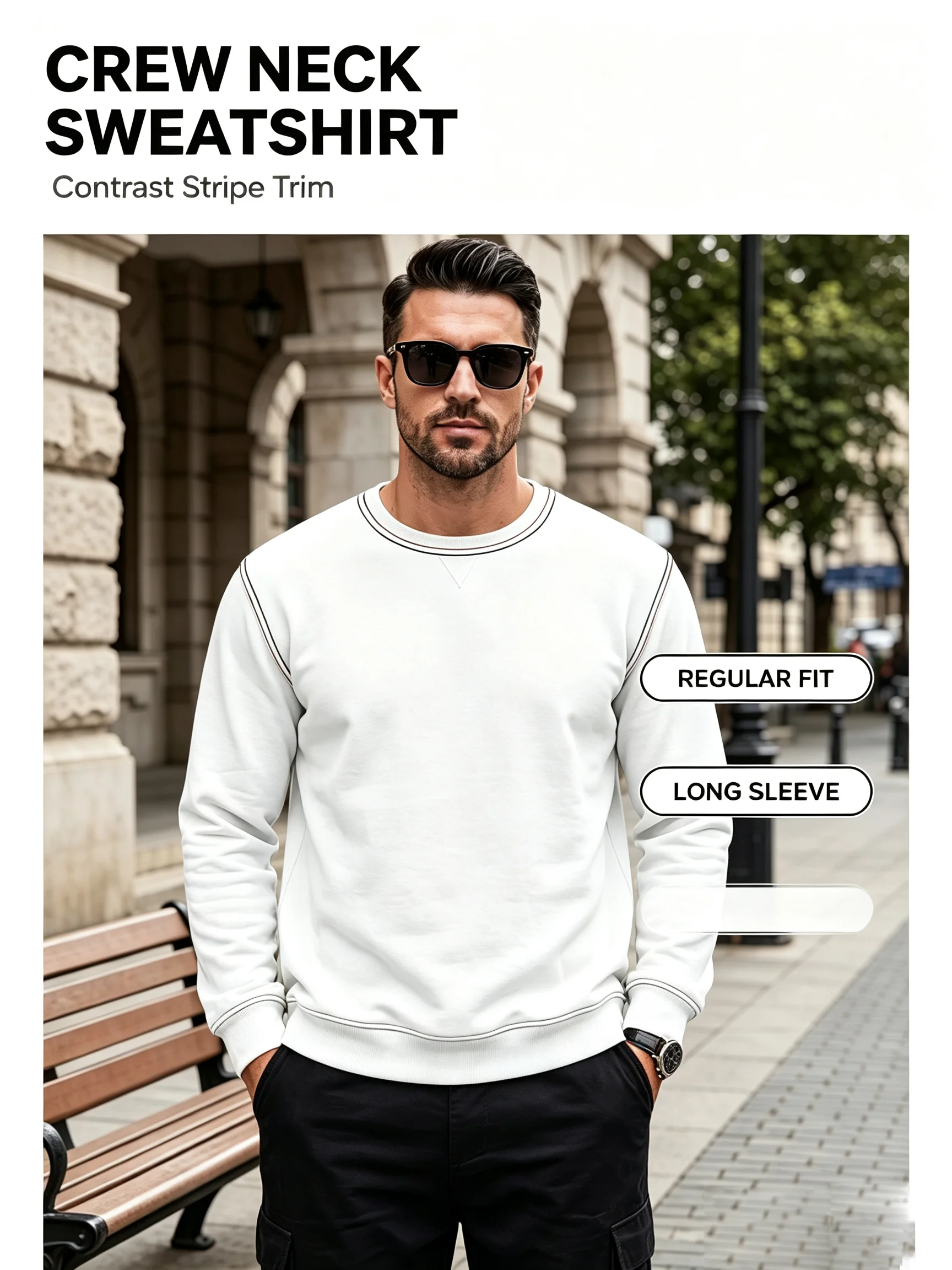 High Quality Men Crew Neck Sweatshirt Contrast Stripe Trim Long Sleeve Pullover Retro Downtown Drip Swag Fashion Casual Tops Men